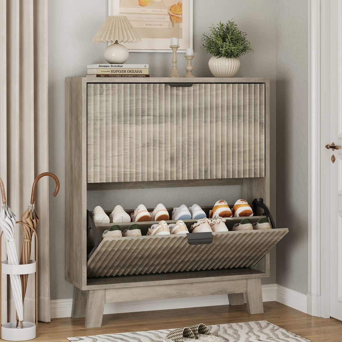 Slim Fluted Shoe Cabinet with 2 Flip Drawers, Adjustable & Removable Shelves, Narrow Entryway Shoe Organizer for Hallway Foyer Living Room Small Spaces, Modern Hidden Shoe Storage