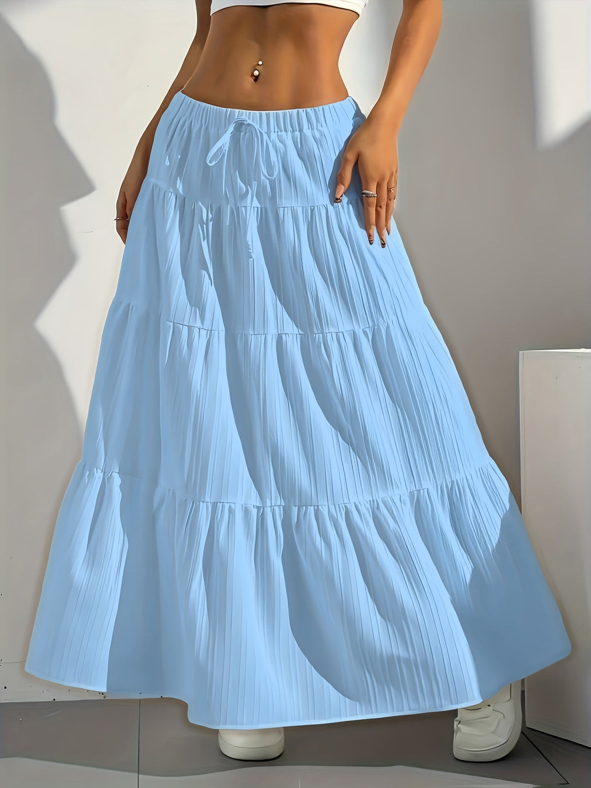 Women's Solid Color Tie-Back Flared A-Line Midi Skirt โ Elegant Loose Swing Skirt Western Fashion Spring Summer Fall Casual Chic Half Skirt