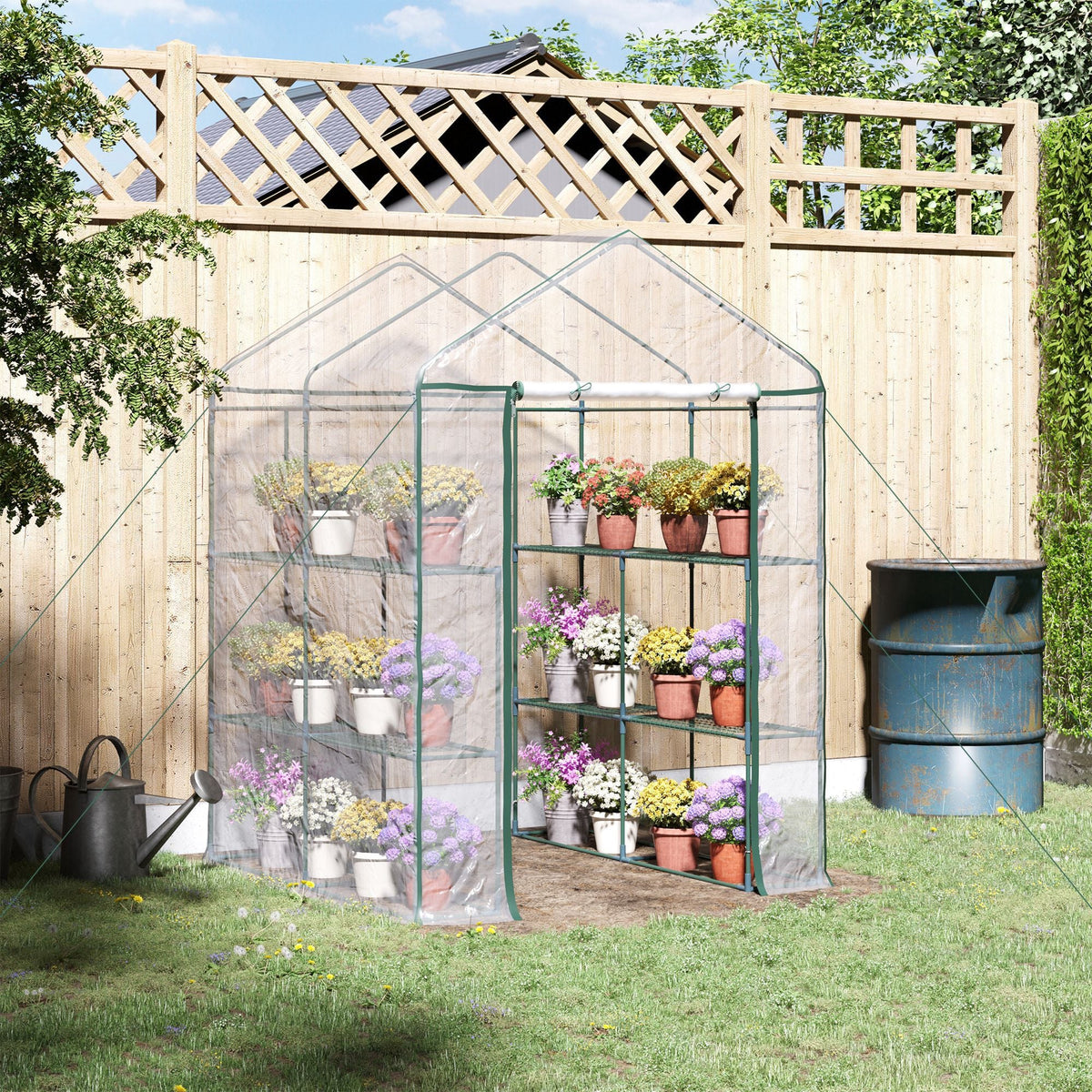 Walk-In Portable Greenhouse 56"x56"x77", 8 Wire Shelves, Transparent PVC Cover, Roll-Up Zipper Door, Ground Stakes & Guy Ropes, for Outdoor Garden Seedlings Flowers Vegetables, Year-Round Growing