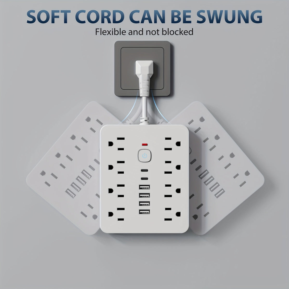 14-in-1 Power Strip Surge Protector - 8 AC Outlets, 4 USB-A & 2 USB-C Ports, Flat Plug, Space-Saving Extension Cord for Home, Office & Kitchen - White & Black
