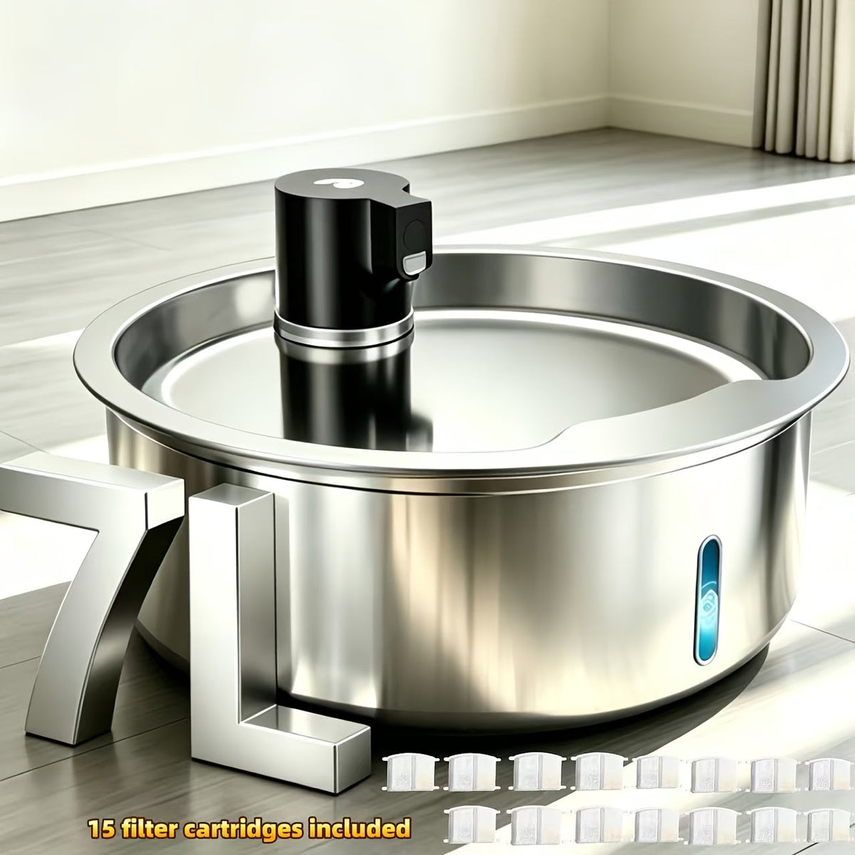 Automatic Pet Water Fountain - 1.85-Gallon Stainless Steel, USB-Powered, for Cats & Dogs & Multi-Pet Households - Includes Filter Cartridges - Silvery