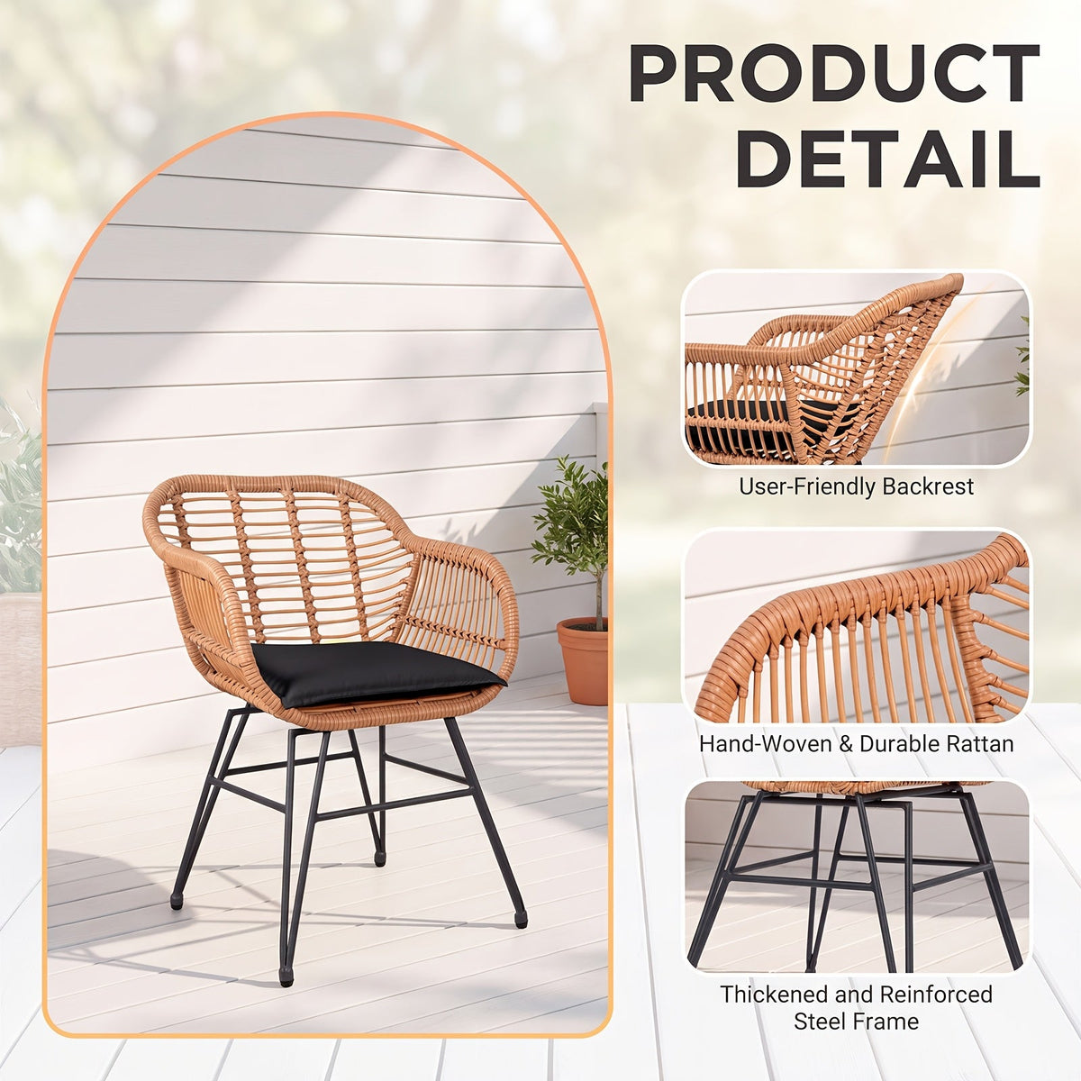 3-Piece Outdoor Rattan Patio Bistro Set with Glass Top Table & Washable Cushions for Garden Terrace Deck & Poolside – Beige or Black