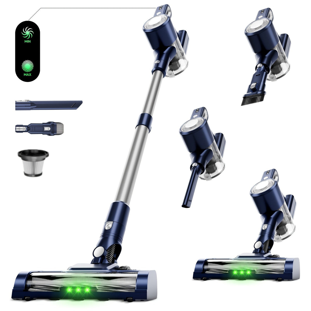 Wired & Wireless Cordless Stick Vacuum Cleaner - 55–70 KPa, 3-Speed, 45-Min Battery, Detachable Battery, LED Floor Brush - Pet Hair, Carpet & Hard Floor - Lightweight Handheld