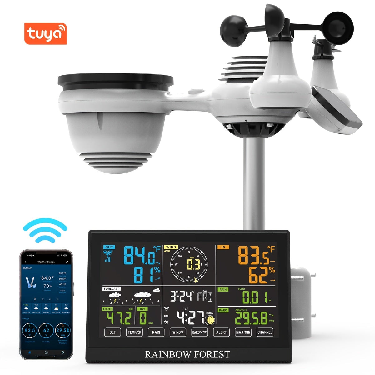 7-in-1 WiFi Weather Station with Color LED Display, Indoor & Outdoor, Rain Gauge, Anemometer, Wind Vane, UV Index, Temperature, Humidity, Weather Forecast, Clock & Alarm