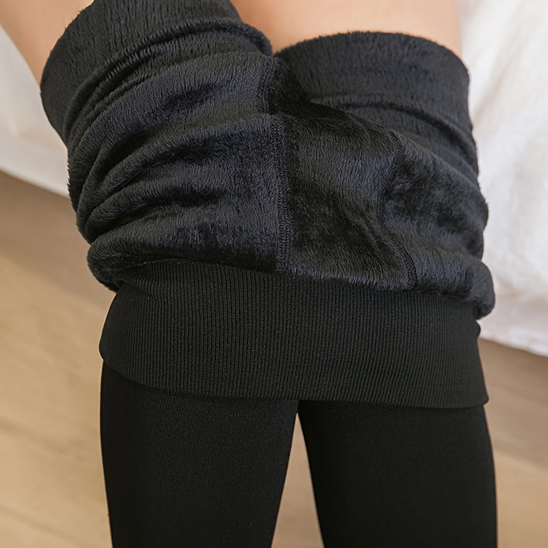 Women's Fleece-Lined Thickened Pearl Velvet Thermal Leggings - Warm, Stretchy Outerwear Tights - Autumn & Winter - One-Size - Black, Dark Gray, Burgundy, Coffee, Light Beige & Navy