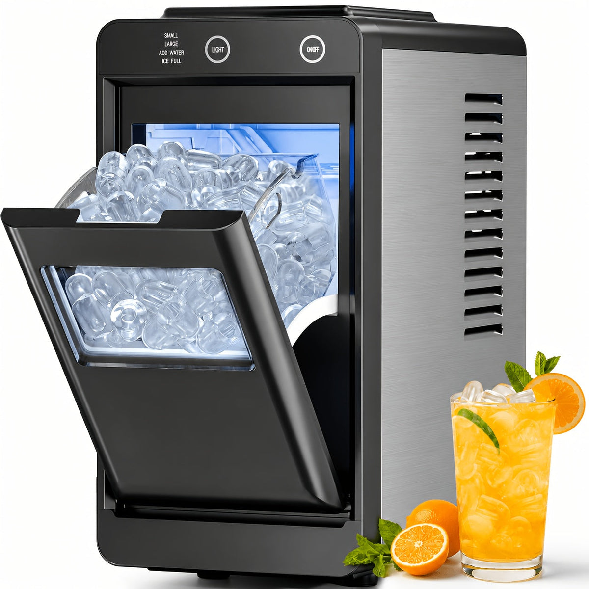 Portable Countertop Ice Maker - Bullet & Nugget Pebble Ice, 26-35 lbs/Day, Self-Cleaning, One-Touch, Sonic Ice Making - Kitchen, Office & Home Bar - Black & Stainless Steel