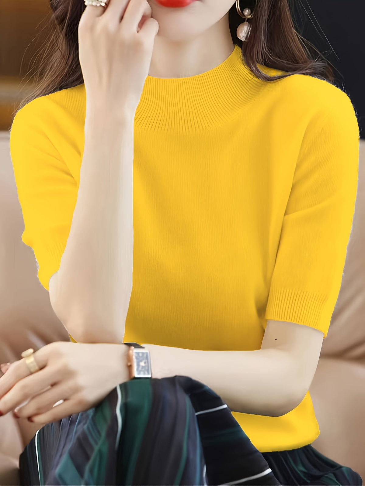 Women's Crew Neck Pullover Sweater Elegant Solid Color Short Knit Top Rib-Trim Stretchy Half-Neck Base Layer Shirt for Women
