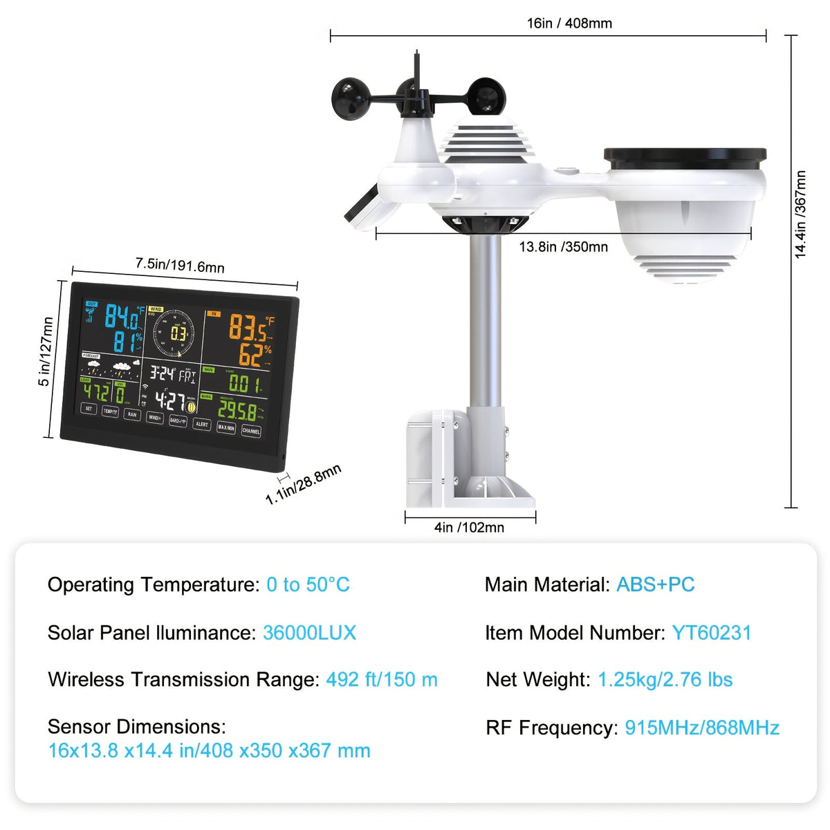 7-in-1 WiFi Weather Station with Color LED Display, Indoor & Outdoor, Rain Gauge, Anemometer, Wind Vane, UV Index, Temperature, Humidity, Weather Forecast, Clock & Alarm