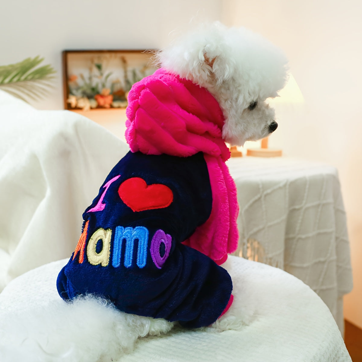 I Love Mommy Dog Hoodie, Warm Winter Pet Costume Outfit for Small Dogs & Cats, Cute Four-Legged Sweatshirt for Autumn & Winter, Dog Transformation Hoodie Apparel XXS to L
