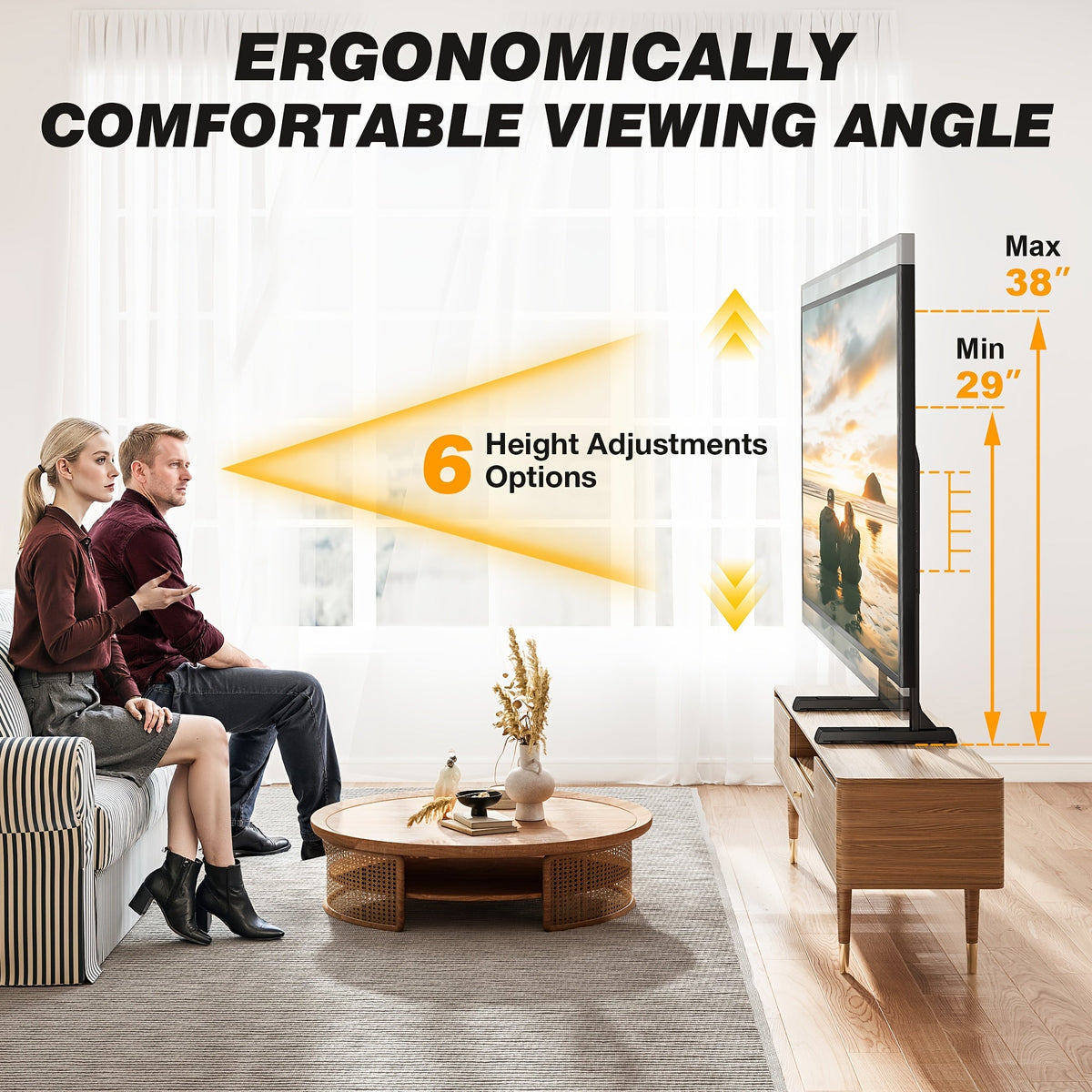 TV Stand with Legs - Height Adjustable 37"-92" Universal TV Floor Stand, Dual T-Bar Steel Frame, 150 lb Capacity, Cable Management, Anti-Tilt, No Drill - Black
