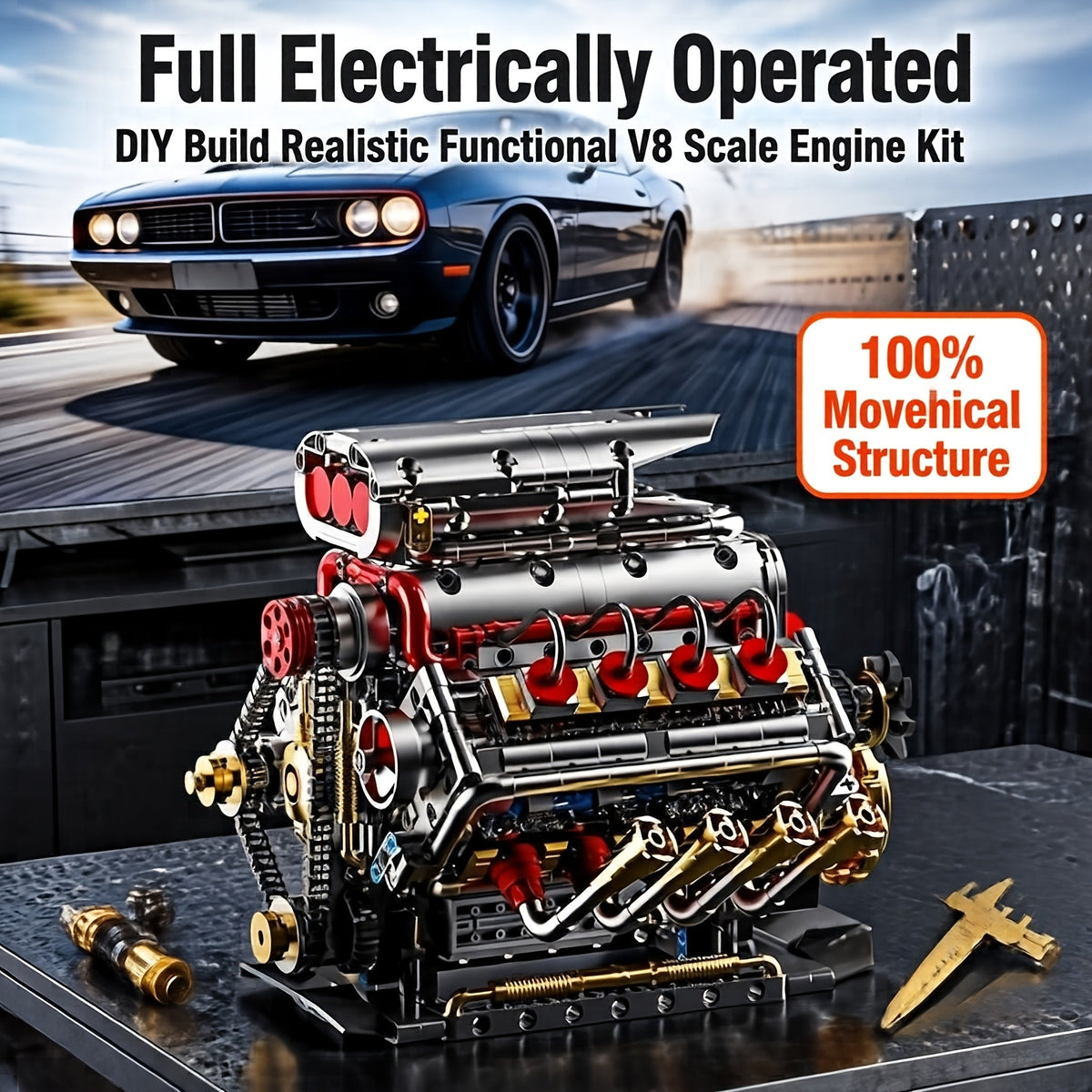V8 Engine Building Block Kit 1176pcs - Operable Car Engine Model with Rechargeable Motor, STEM DIY Assembly Set, Desktop Display Collectible | Hobby Gift for Mechanics & Engineering Enthusiasts