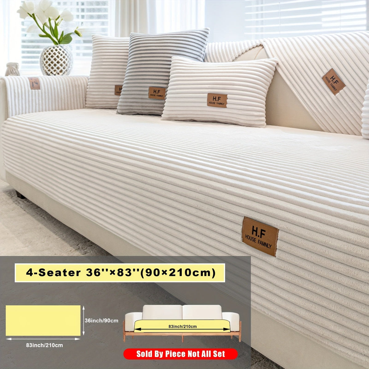 Short Plush Striped Sofa Cover & Cushion - All-Season, Pet-Friendly & Non-Slip - Armchair, Loveseat, 3/4/5-Seater, Backrest, Armrest & Pillowcase - White, Dark Gray, Light Gray, Coffee & Blue