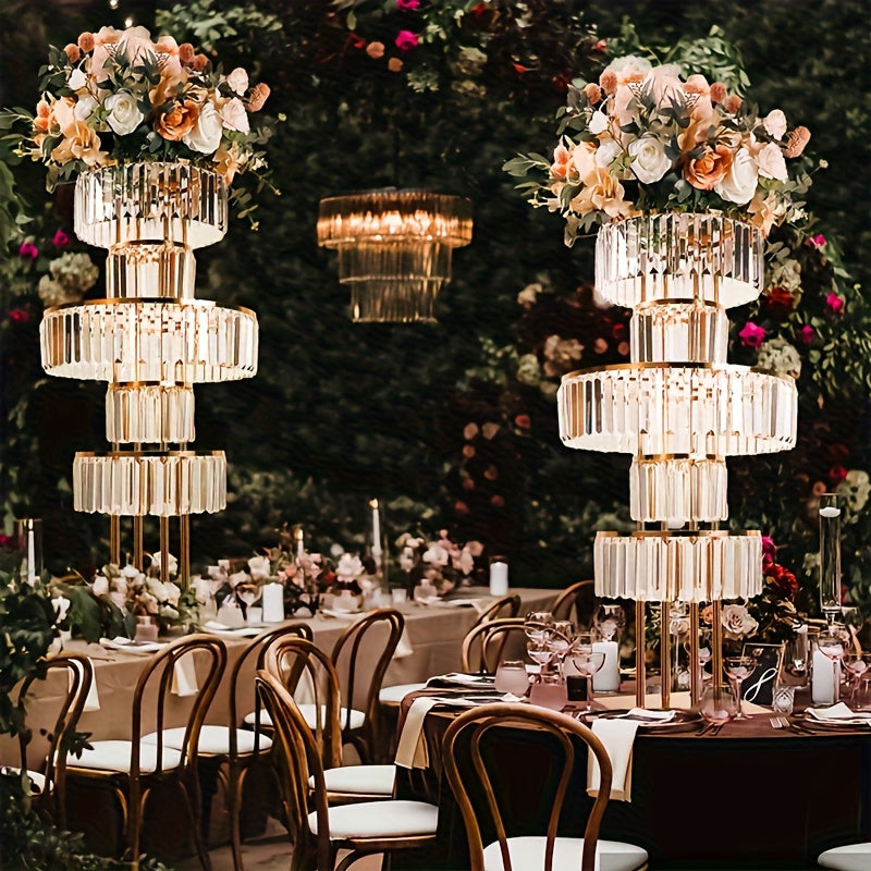 5-Tier Crystal Chandelier Flower Stand – Metal Pedestal with Hanging Crystals for Wedding Centerpiece T-Stage Road Lead Event & Holiday Decoration