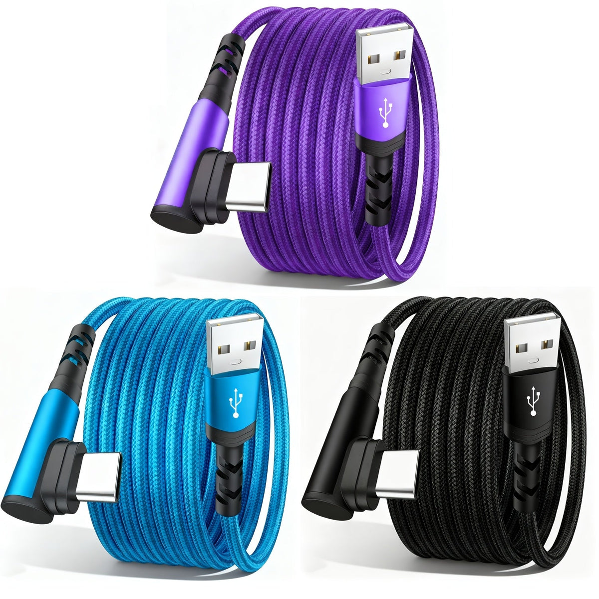 3-Pack Right Angle Braided USB-A to USB-C Fast Charging Cable - 1m, 2m & 3m - iPhone 15/16/17, iPad, Samsung, Huawei & More - Black, Blue, Red, Purple, Rose Gold & Silver