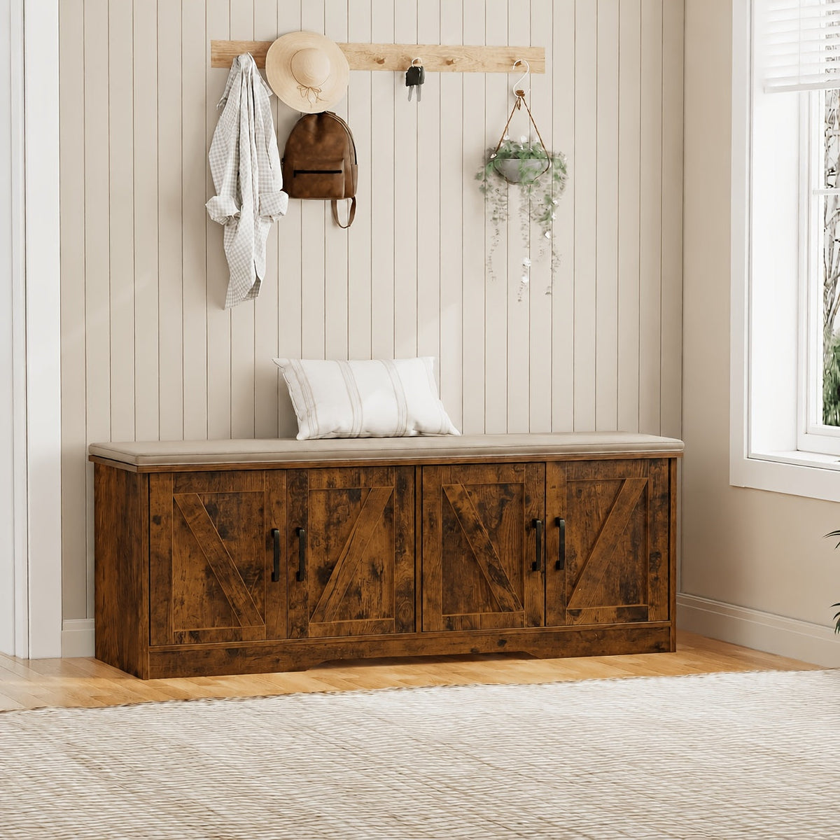 Entryway Storage Bench with Hidden Shoe Storage & Padded Seat, Removable Shelves for Boots Heels Sneakers, Shoe Cabinet Bench for Mudroom Hallway Bedroom Apartment, Family Organizer Furniture