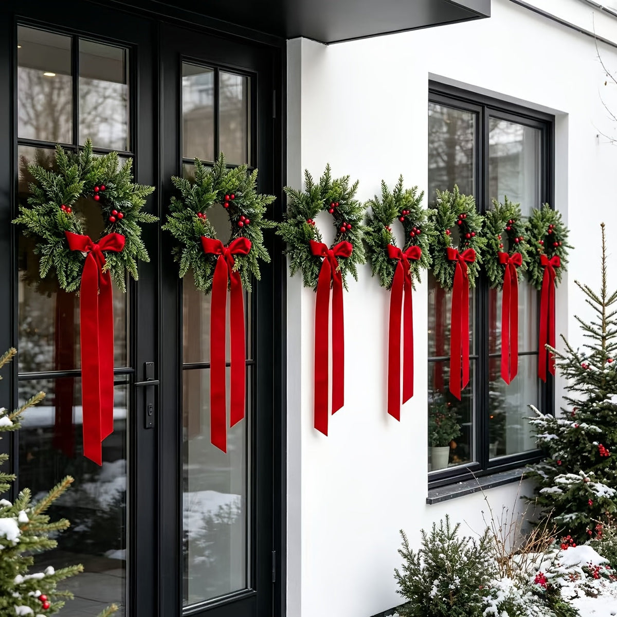 4-Pack Artificial Cedar Christmas Wreath - Green with Red Berries & Ribbon Bow - Front Door, Window, Wall, Cabinet & Wedding - Indoor Holiday Decoration