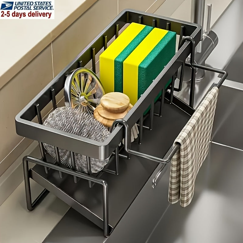 Kitchen Sink Caddy with Drainage & Removable Brush Holder โ Countertop Sink Organizer for Dishwashing Brush, Sponge, Soap & Scrubber, Gray Plastic, for Kitchen, Bathroom & Laundry Room