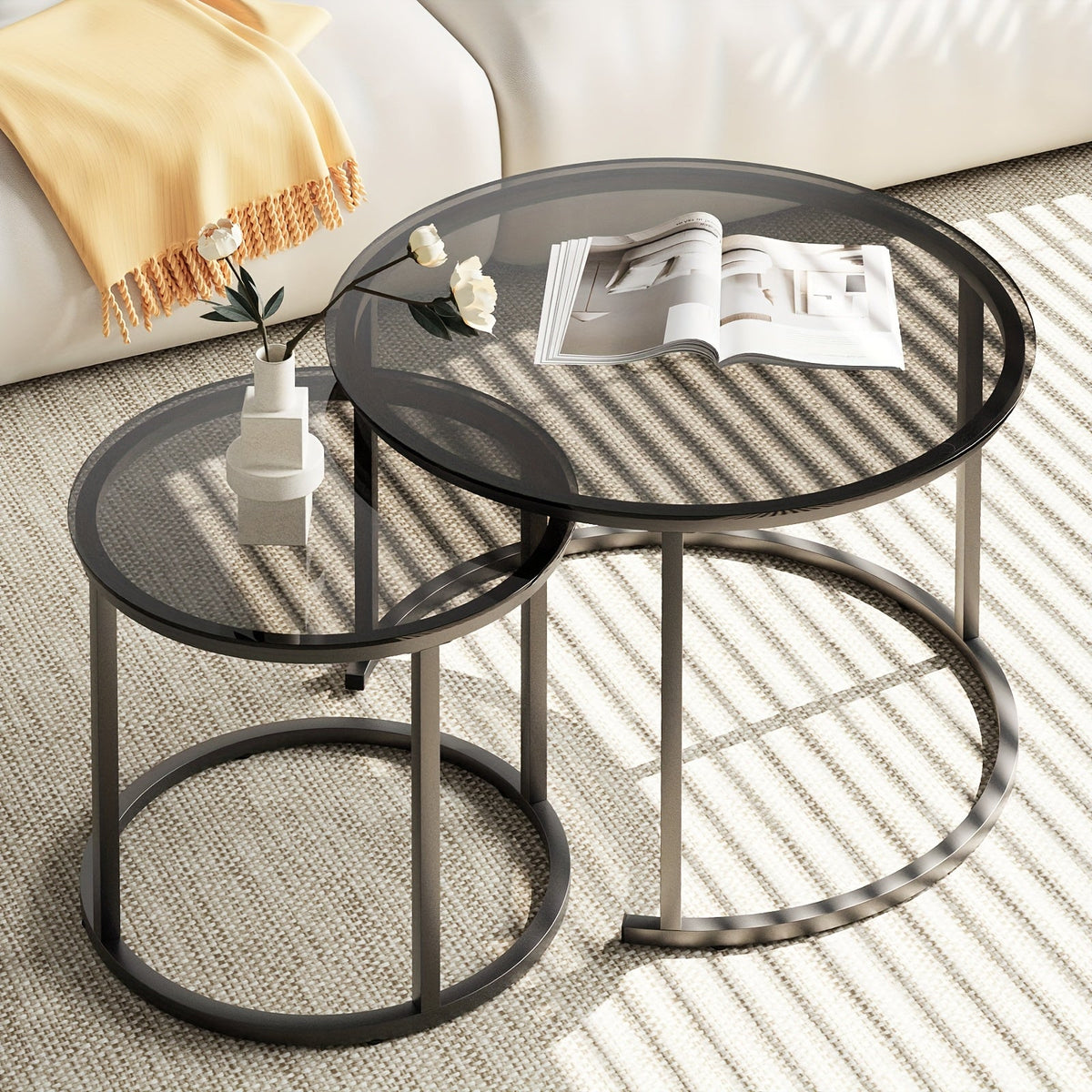 Nesting Glass Coffee Tables Set of 2 – Round Modern Industrial Metal Frame Side Tables for Living Room Bedroom in Clear Gray Striped & Tea Glass with Gold or Black Frame