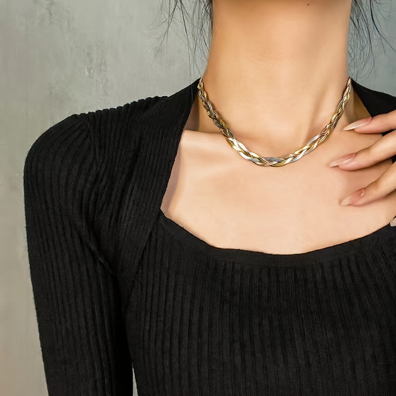 2-Piece Gold Stainless Steel Necklace & Bracelet Set for Women โ Gold-Plated Tri-Color Hand-Woven Design, French Minimalist Retro Style for Daily Wear, Commute, Holiday & Party