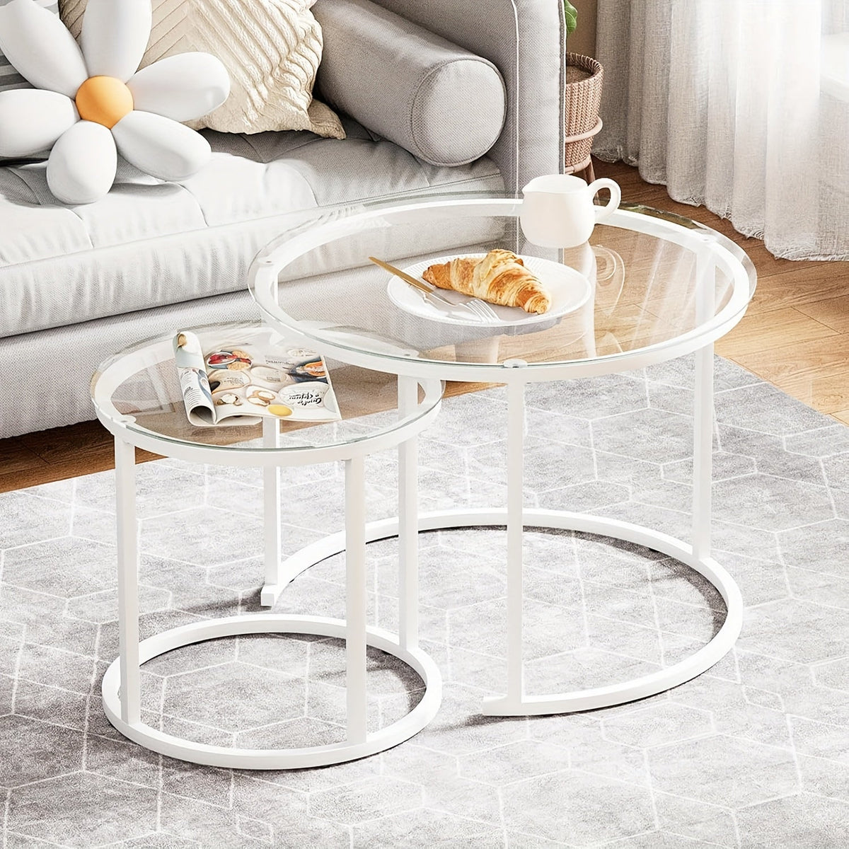 Nesting Glass Coffee Tables Set of 2 – Round Modern Industrial Metal Frame Side Tables for Living Room Bedroom in Clear Gray Striped & Tea Glass with Gold or Black Frame