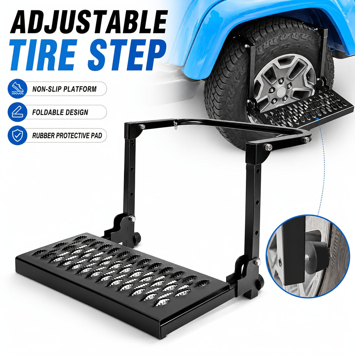 Folding Tire Step Heavy Duty Steel for Truck SUV RV & Pickup, 350lbs Capacity, Adjustable Height & Width Fits 10"-14" Tires, Anti-Slip Surface, Rubber Bumpers – Roof Rack Access & Vehicle Maintenance