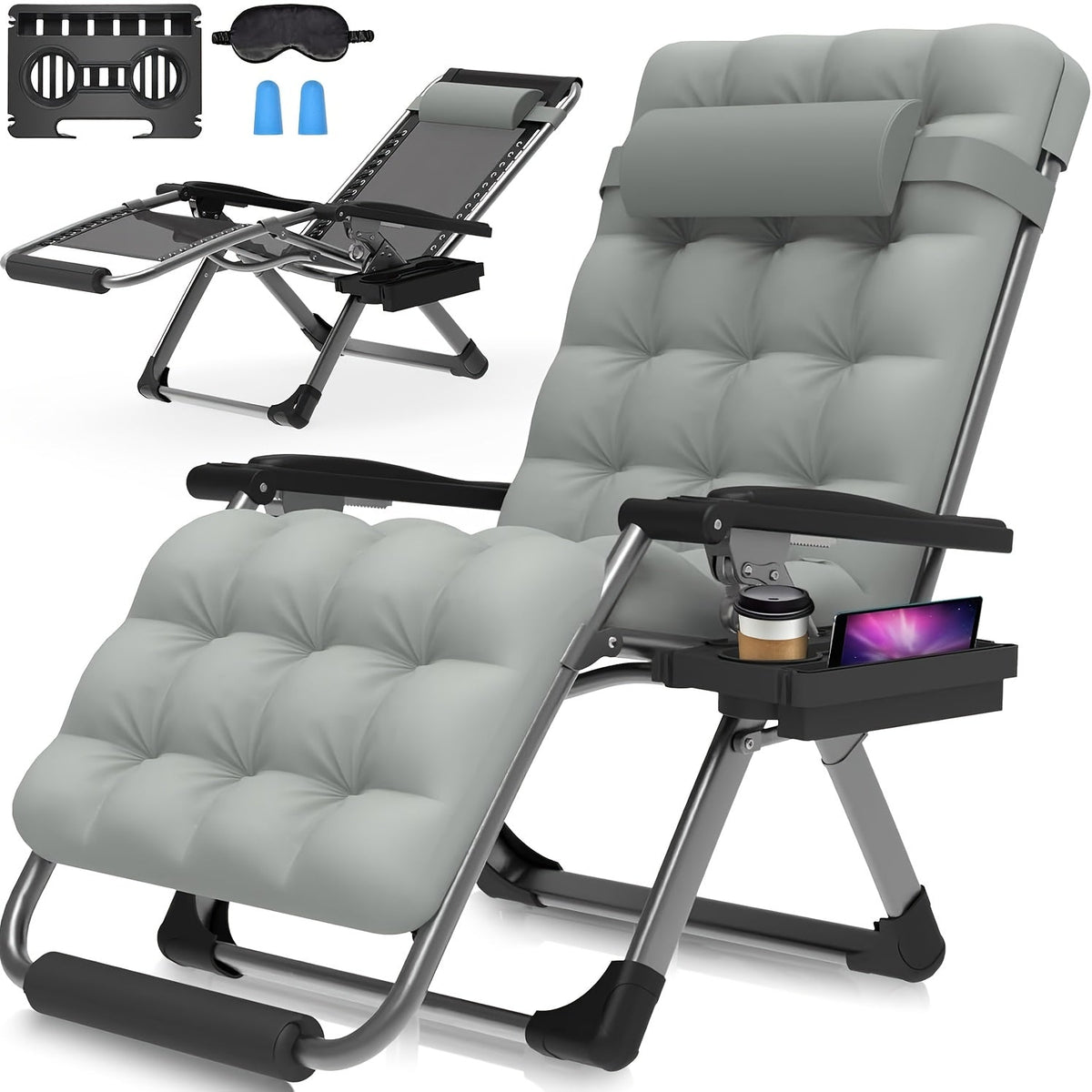 Oversized XXL Zero Gravity Chair, 33", 500 Lb Capacity, 1.6" Steel Pipes, 90°-170° Aluminum Lock Recliner, Removable Cushion & Headrest, Footrest, Cup Holder, Eye Mask & Earplugs, for Outdoor Camping, Patio & Beach