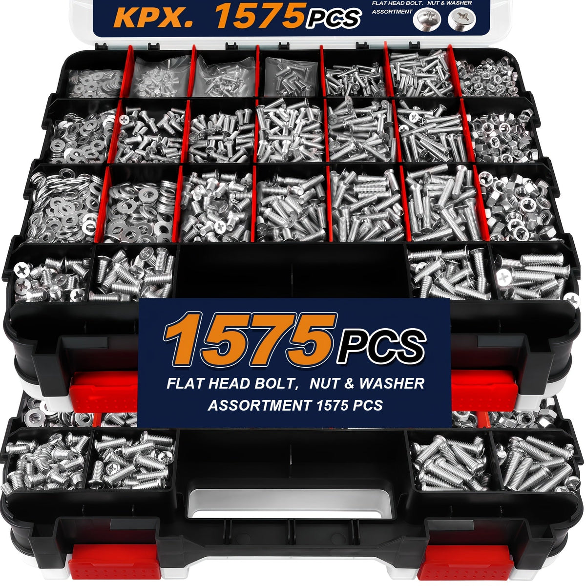 1575-Piece Nut & Bolt Assortment Set - Phillips & Flat Head Screws, Nuts, Bolts & Washers with Double-Sided Storage Case - 10 Colors