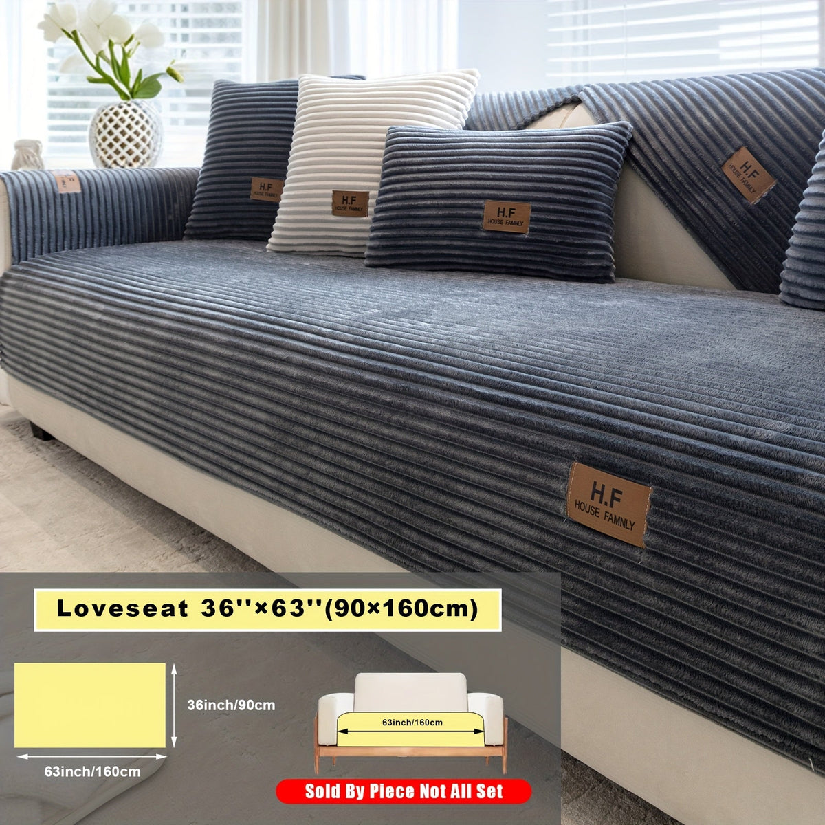 Short Plush Striped Sofa Cover & Cushion - All-Season, Pet-Friendly & Non-Slip - Armchair, Loveseat, 3/4/5-Seater, Backrest, Armrest & Pillowcase - White, Dark Gray, Light Gray, Coffee & Blue