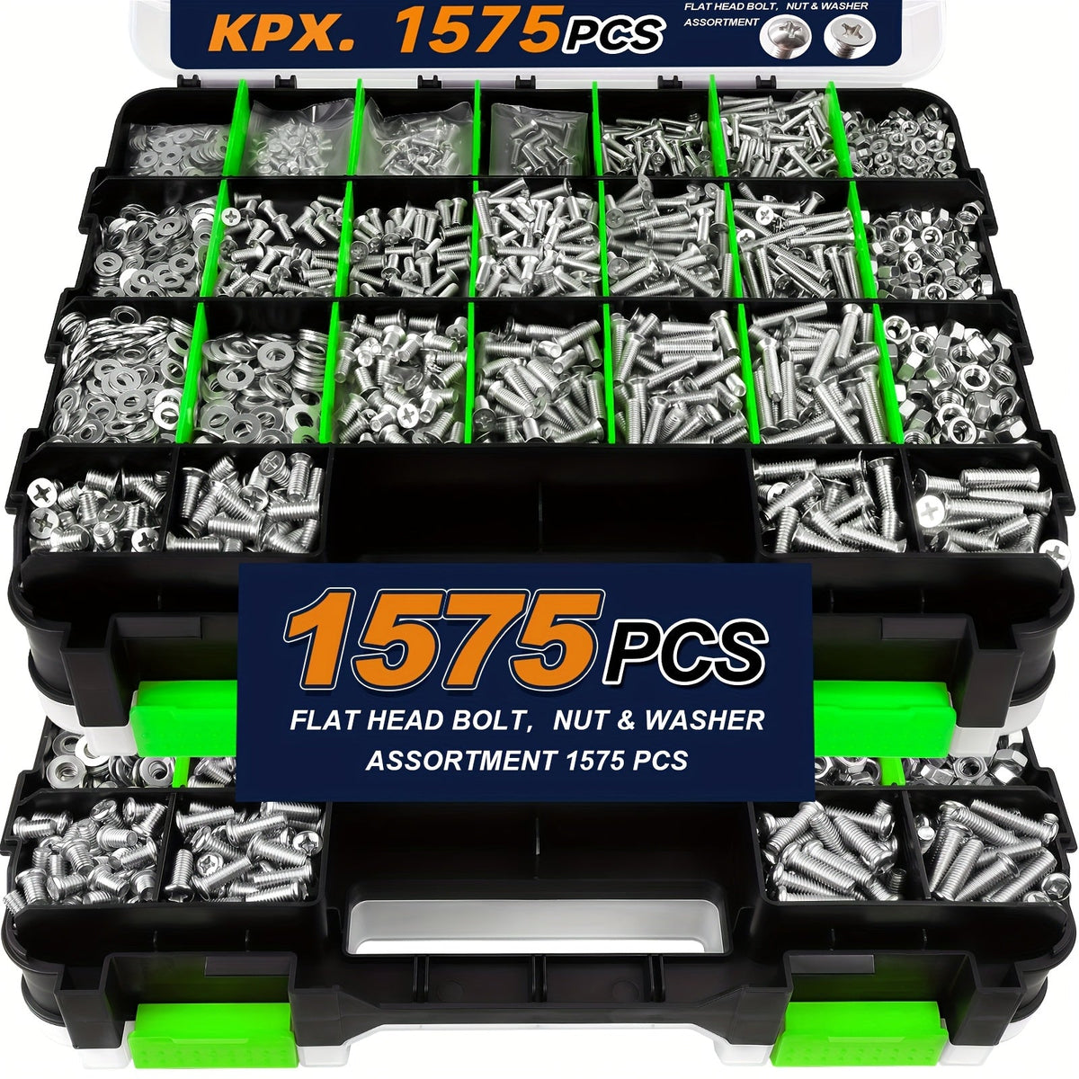 1575-Piece Nut & Bolt Assortment Set - Phillips & Flat Head Screws, Nuts, Bolts & Washers with Double-Sided Storage Case - 10 Colors