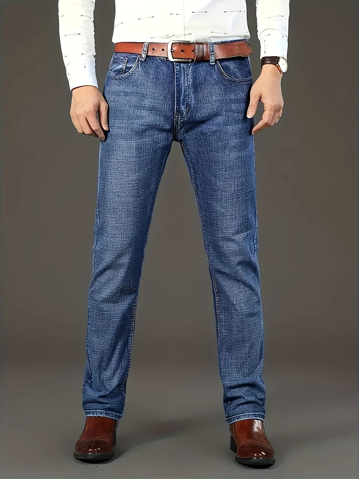 Men's Solid Denim Jeans - Straight Leg, Slight Stretch, Light Business Style - Outdoor, Casual & Daily Wear - Waist 30–40 - Sky Blue & Black Gray