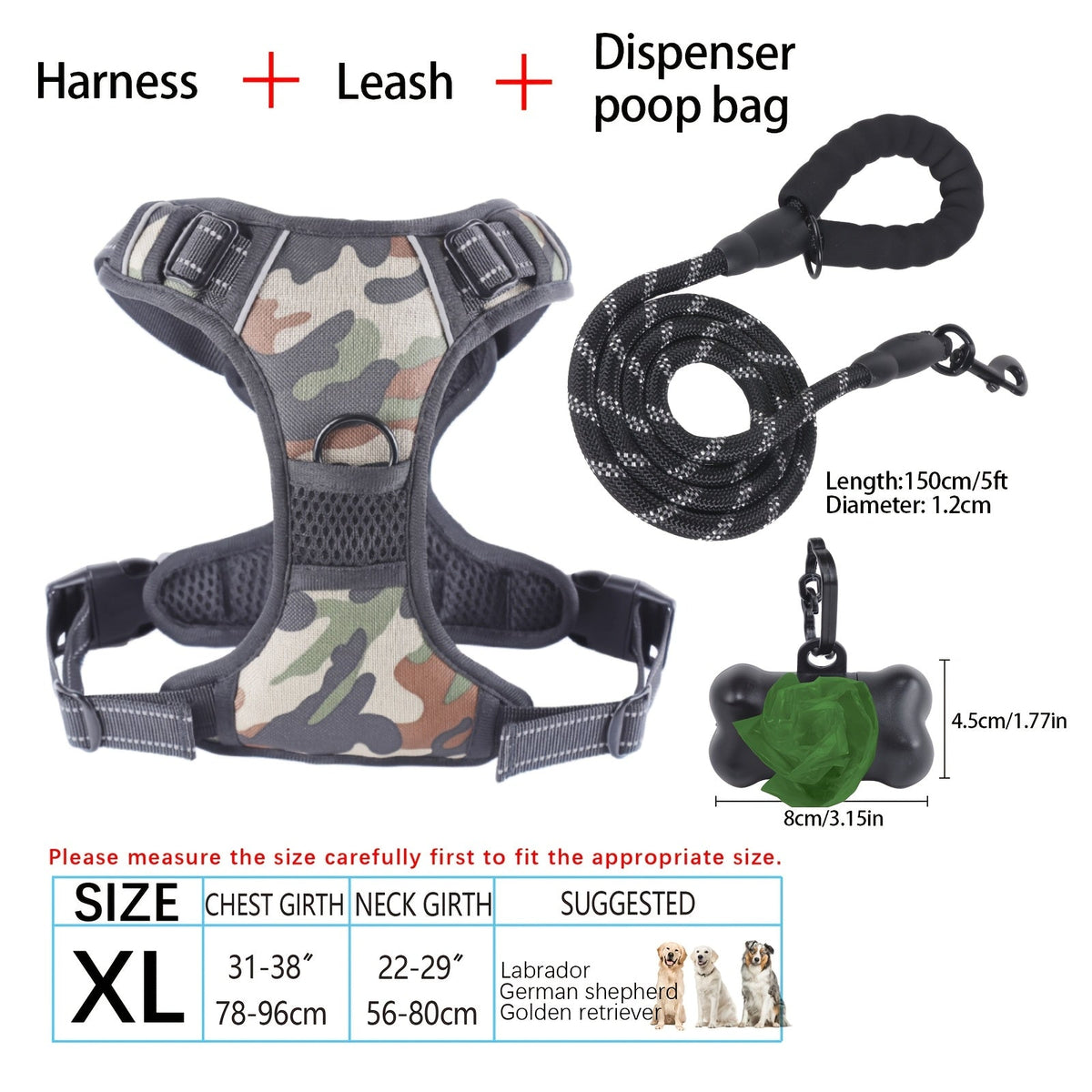 4-Piece Dog Harness and Leash Set No-Pull No-Choke Reflective Oxford Vest Harness with Leash Poop Bag Dispenser Easy Control Handle for Medium Large Dogs Outdoor Training Walking
