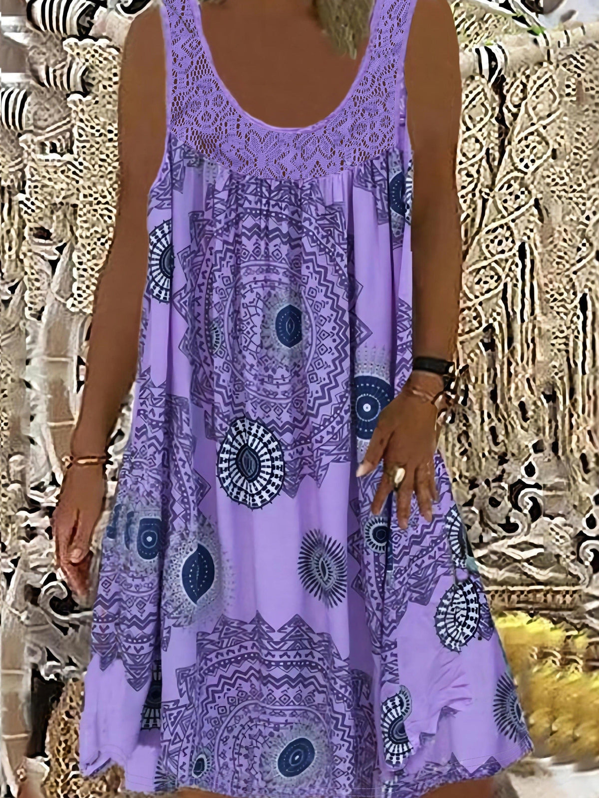 Women's Elegant Sleeveless A-Line Dress - Contrast Lace Hem & Geometric Print - Knee-Length, Round Neck, Machine Washable - Plus Size 0XL–8XL - Purple, Blue, Black, White, Red & More