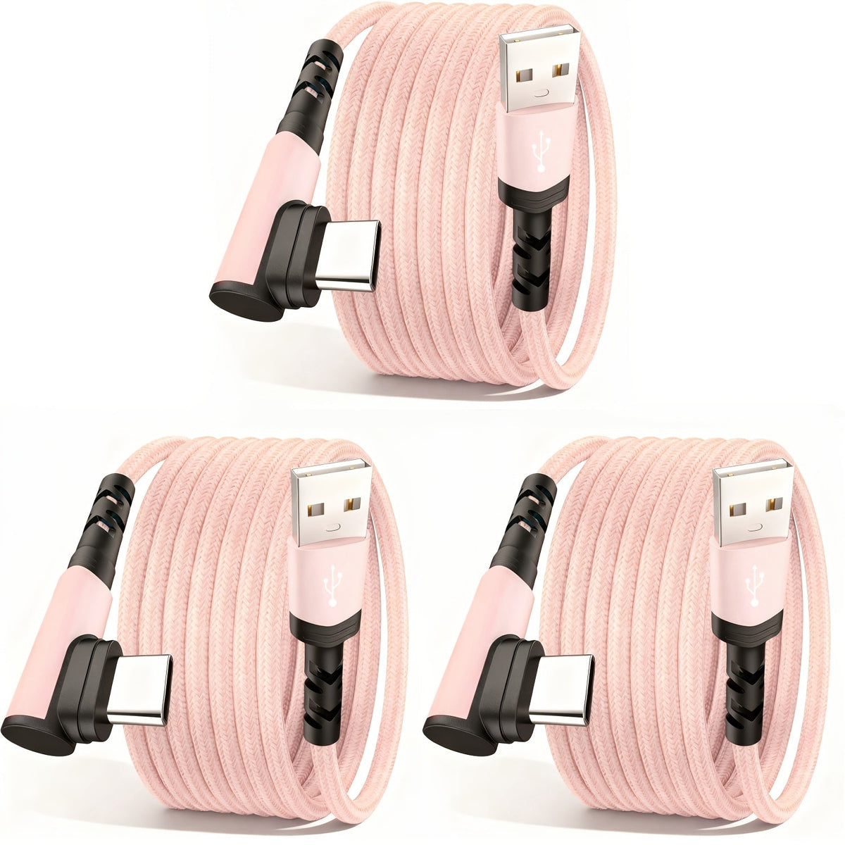 3-Pack Right Angle Braided USB-A to USB-C Fast Charging Cable - 1m, 2m & 3m - iPhone 15/16/17, iPad, Samsung, Huawei & More - Black, Blue, Red, Purple, Rose Gold & Silver