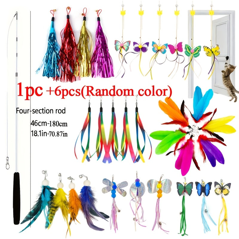 Telescopic Feather Cat Wand Toy with Interchangeable Heads - Artificial Feather Interactive Cat Toy, 3 or 4 Section Extendable Pole with 3/6/9 Random Replacement Heads, No Battery Required