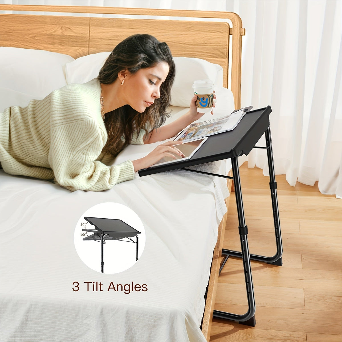 Set of 2 Adjustable TV Tray Tables 6 Height Settings & 3 Tilt Angles Folding Sofa Bed Dining Laptop & Camping Table Portable Space-Saving – Black