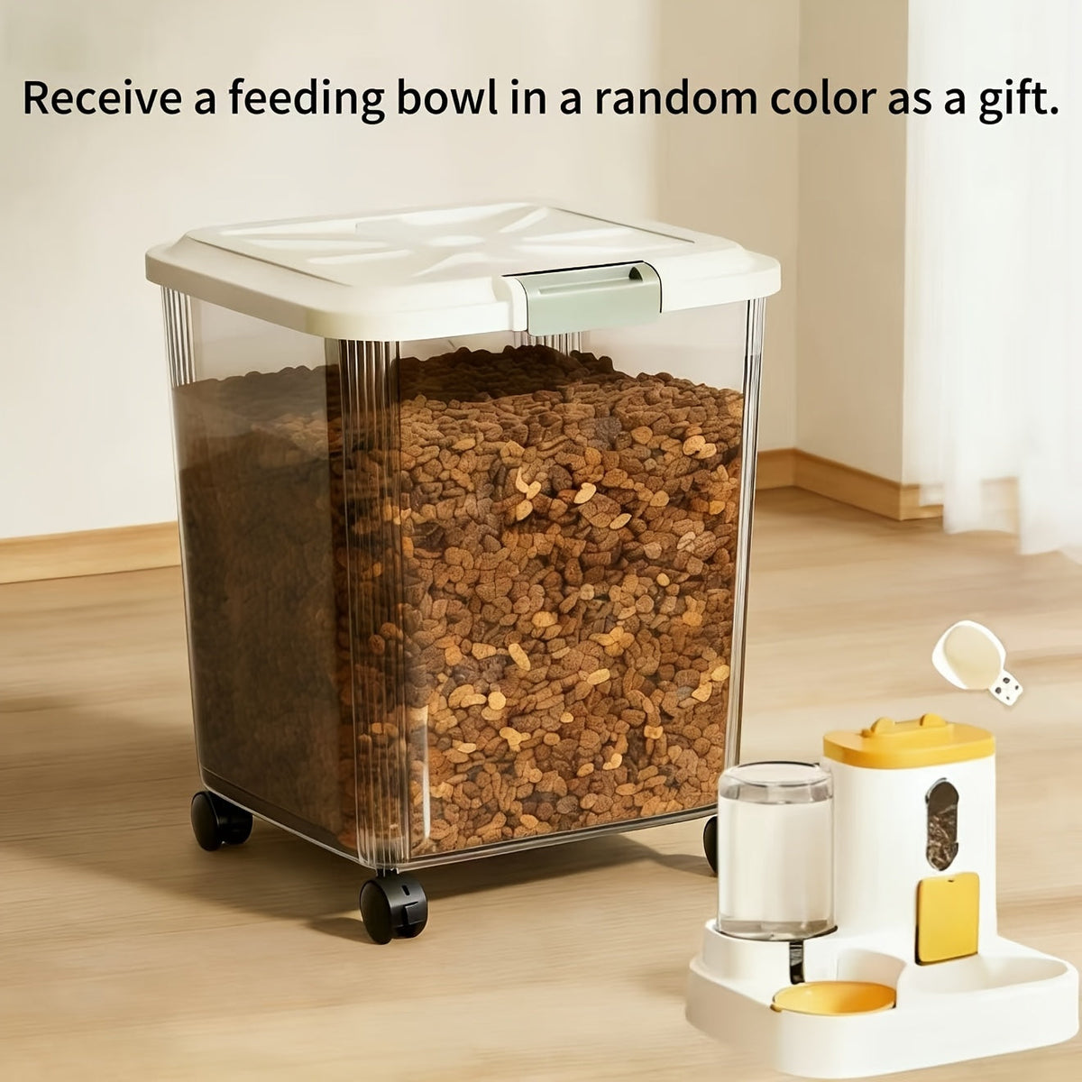 Sealed Pet Food Storage Container with Wheels & Measuring Spoon – Transparent Rolling Box with Lockable Airtight Lid & Spill-Proof Compartments for Dogs, Cats & Birds, Multiple Sizes