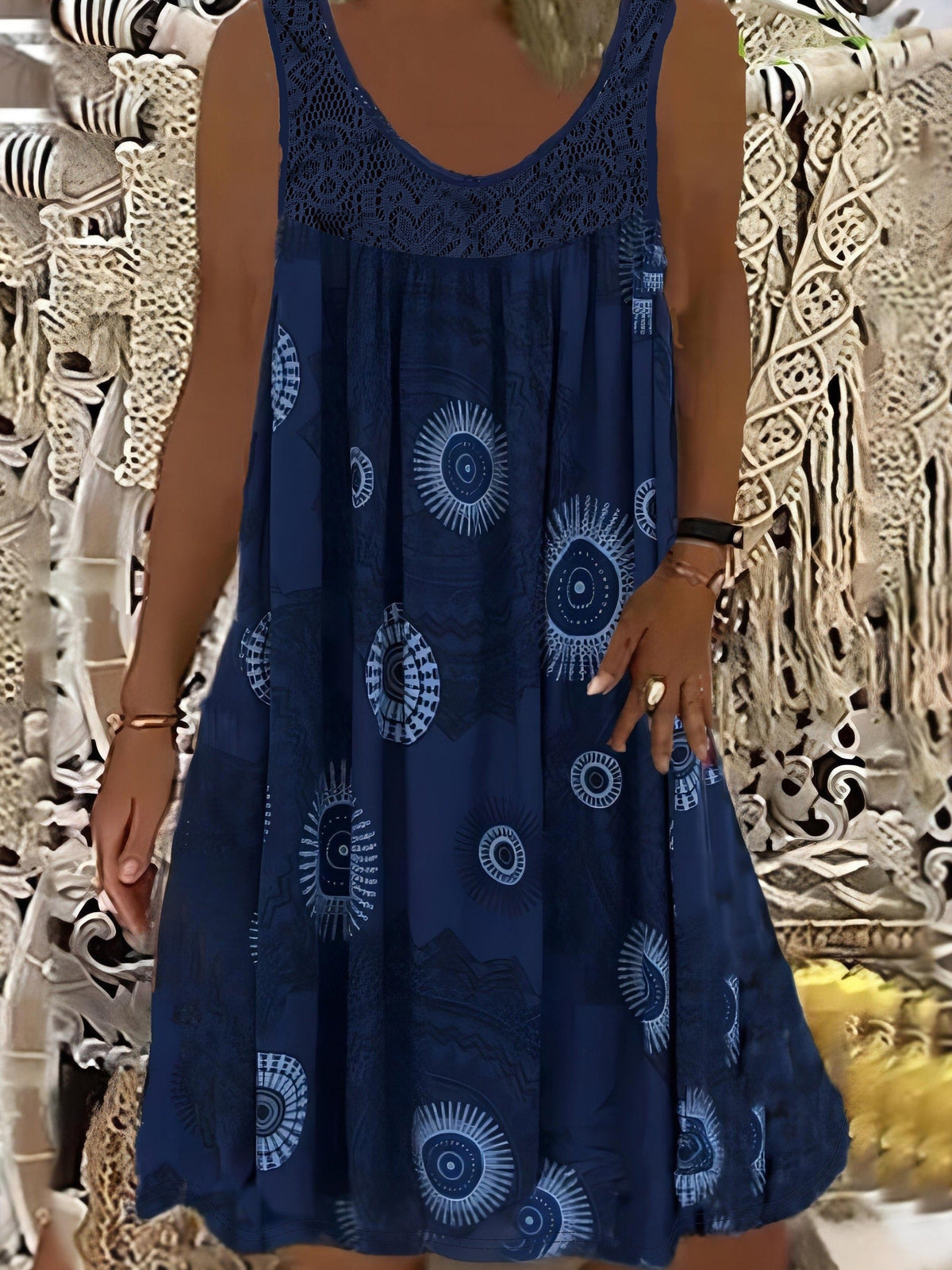 Women's Elegant Sleeveless A-Line Dress - Contrast Lace Hem & Geometric Print - Knee-Length, Round Neck, Machine Washable - Plus Size 0XL–8XL - Purple, Blue, Black, White, Red & More