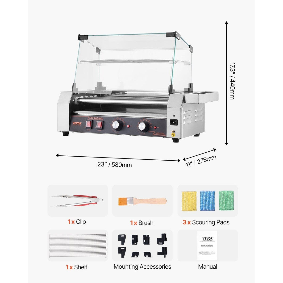 VEVOR Hot Dog Roller Machine 12 Hot Dogs 5 Stainless Steel Rollers Dual Temperature Control Glass Cover Storage Box & Removable Drip Tray for Food Stands Parties & Restaurants – Silver