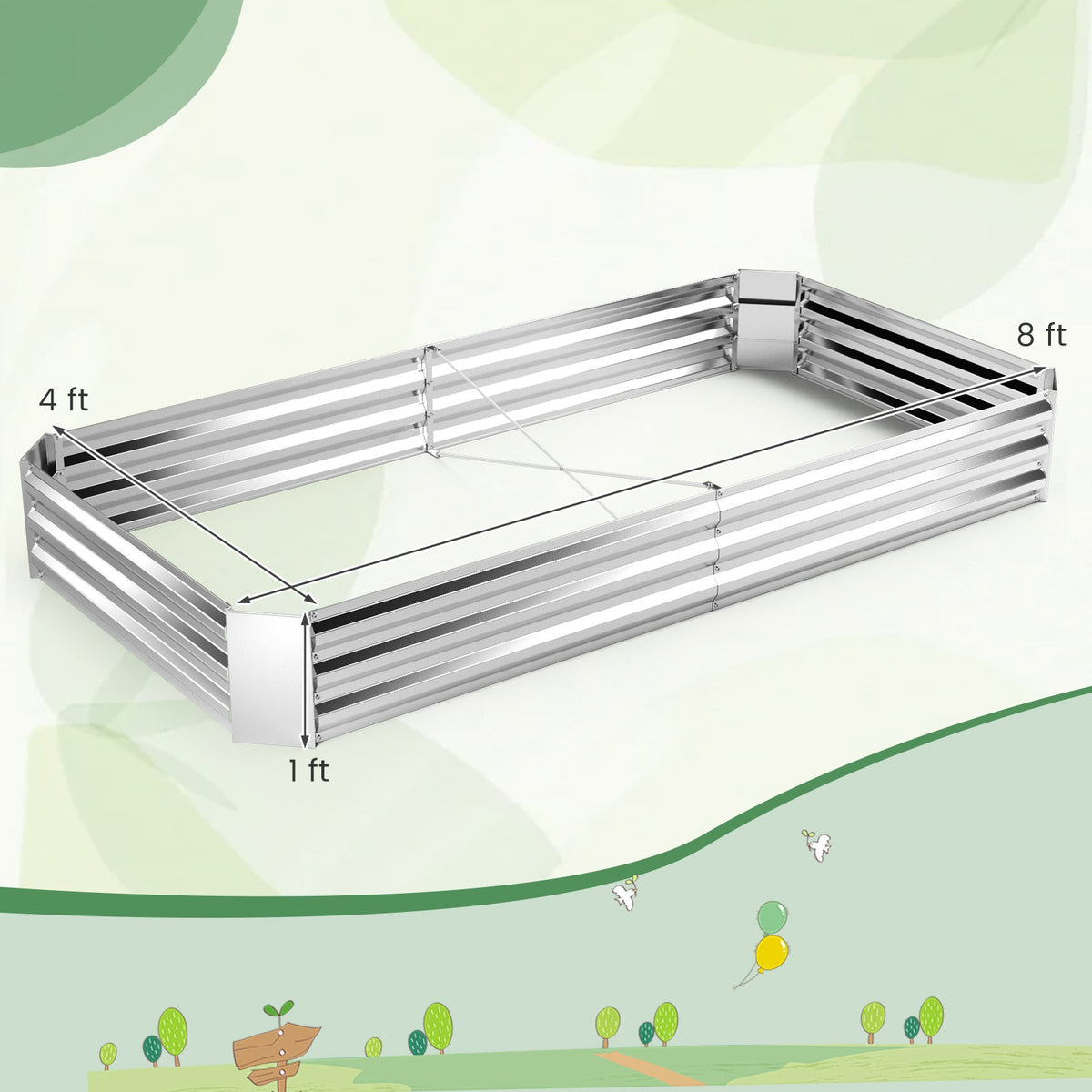 8x4x1FT Galvanized Raised Garden Bed, 30.5 Cu Ft, Open-Ended Base, X-Bar Reinforced Frame, Rustproof, Tool-Free Assembly, for Vegetables, Flowers, Herbs & Fruit, Patio, Yard, Silver