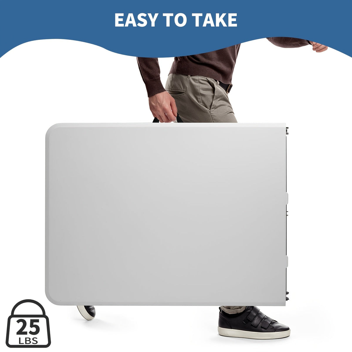 Plastic Folding Table 4ft/6ft - Rectangular Center-Fold Portable Table with Carry Handle for BBQ, Outdoor, Camping & Party - White - Seats 4-8 Persons
