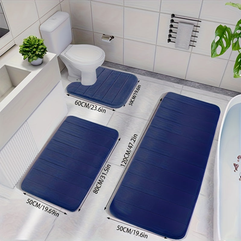 3-Piece Memory Foam Striped Bath Mat Set - Non-Slip, Thickened, Quick-Dry & Machine Washable - Soft Bathroom & Shower Room Mats - 10 Colors