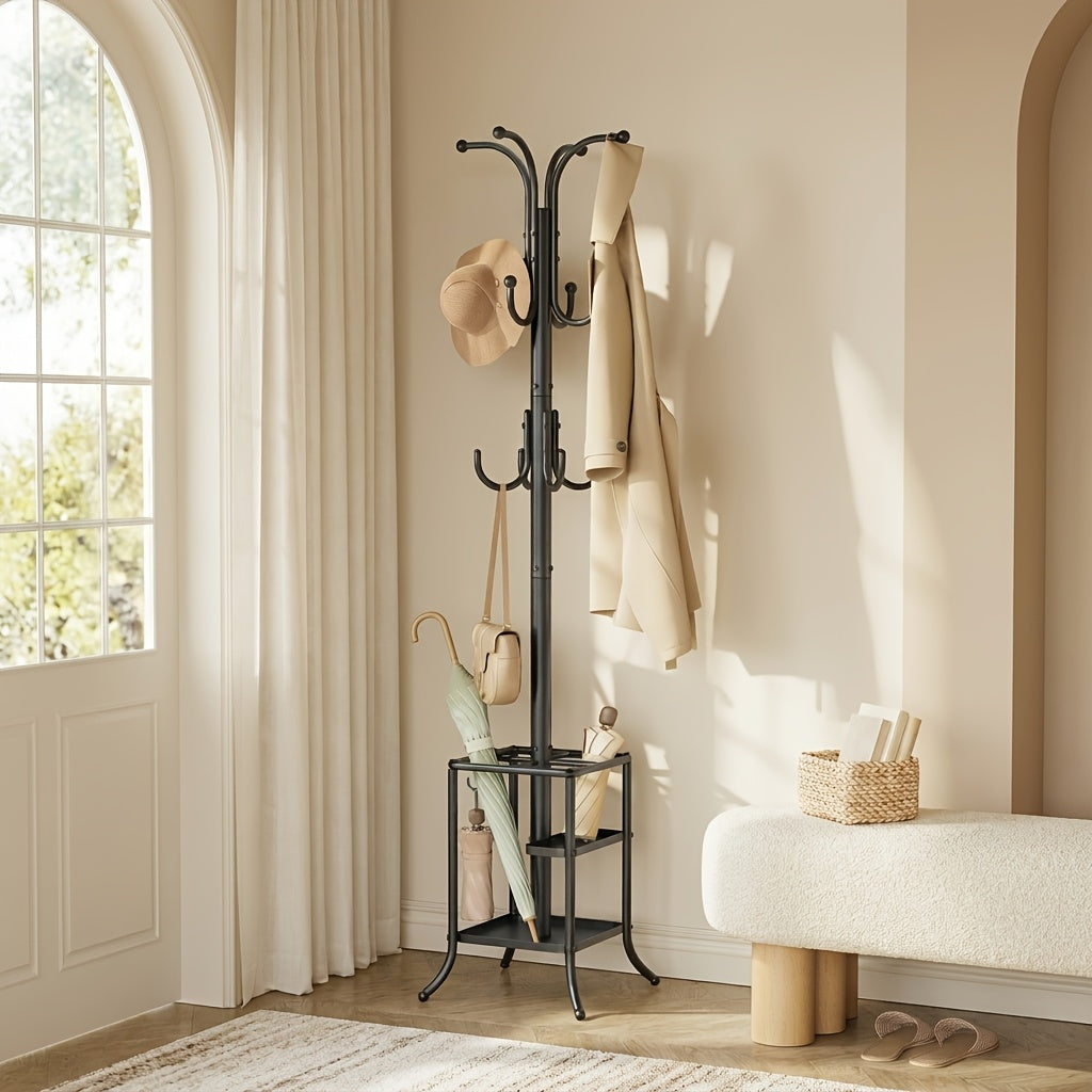 Metal Freestanding Coat Rack Stand with 12 Hooks & Umbrella Storage Base – Multi-Hook Garment Holder for Hallway Entryway Bedroom