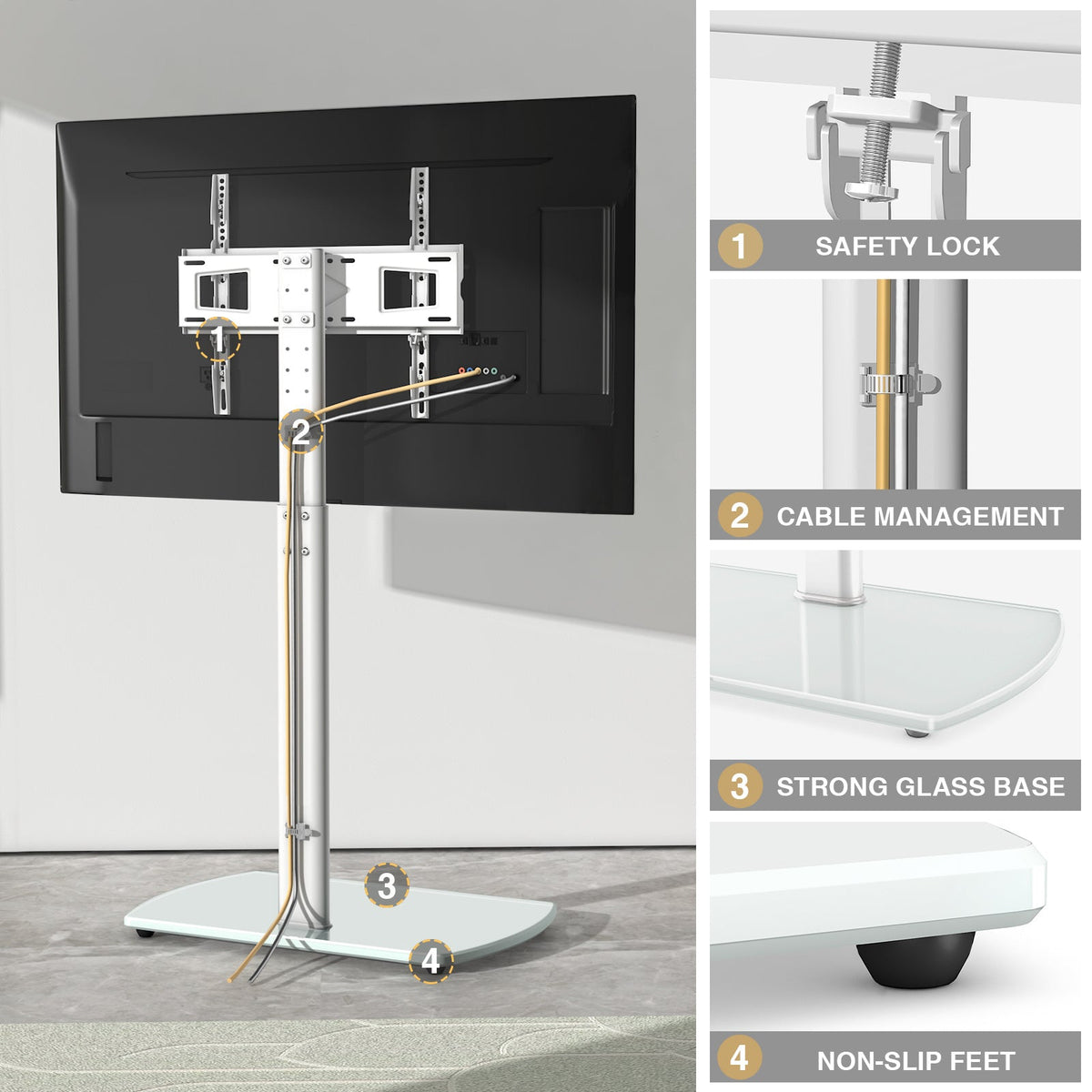 Height Adjustable Swivel TV Floor Stand for 32-65 Inch TVs – Universal LCD LED Flat Screen with Apple TV Roku Mount Cable Management & Tempered Glass Base