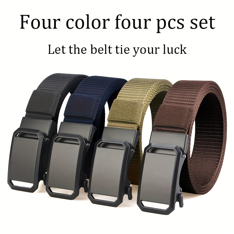 4pcs Nylon Belt Set with Automatic Buckle โ Adjustable Unisex Casual Dress Belts for Jeans Work Pants Skirts Men Women Multicolor Combo Pack Black Blue Brown Gray Khaki Green