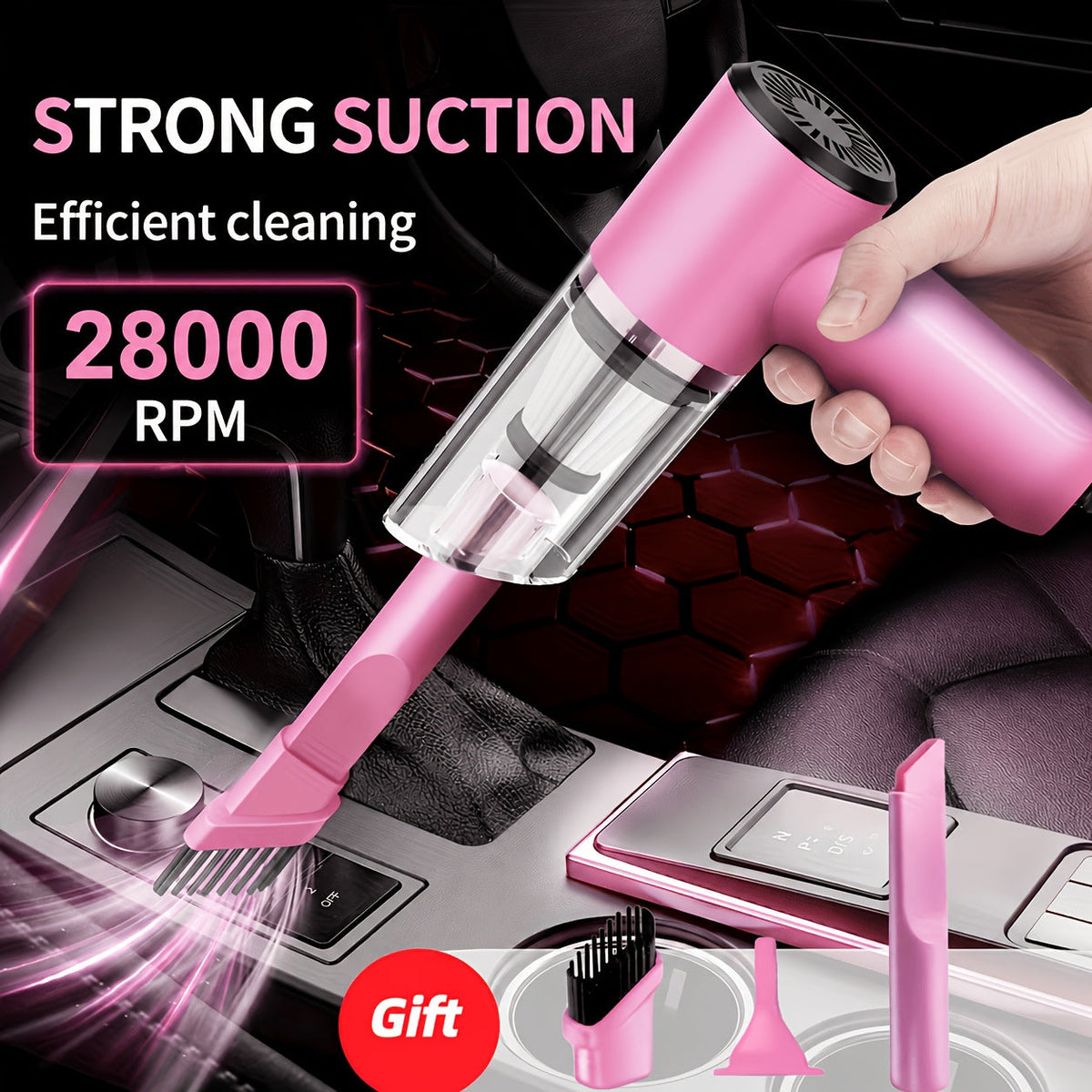 Cordless Car Vacuum Cleaner 7KPa Strong Suction – 80dB Quiet, 3 Nozzles, USB Rechargeable Handheld Portable Auto Vacuum for Car Interior Home Pet Hair, Gift for Women Drivers