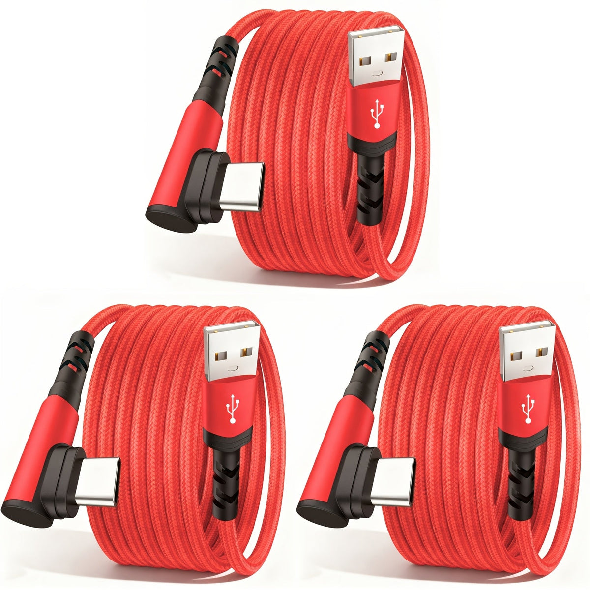 3-Pack Right Angle Braided USB-A to USB-C Fast Charging Cable - 1m, 2m & 3m - iPhone 15/16/17, iPad, Samsung, Huawei & More - Black, Blue, Red, Purple, Rose Gold & Silver