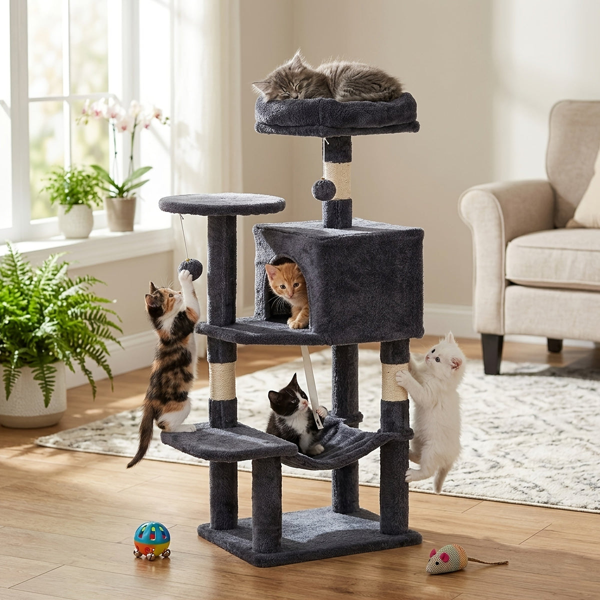 44" Cat Tree Tower with Hammock & Sisal Scratching Posts – Multi-Level Indoor Cat Condo with Natural Perches for Large & Multiple Cats, Sturdy Stable Base, Beige Gray Pink Black