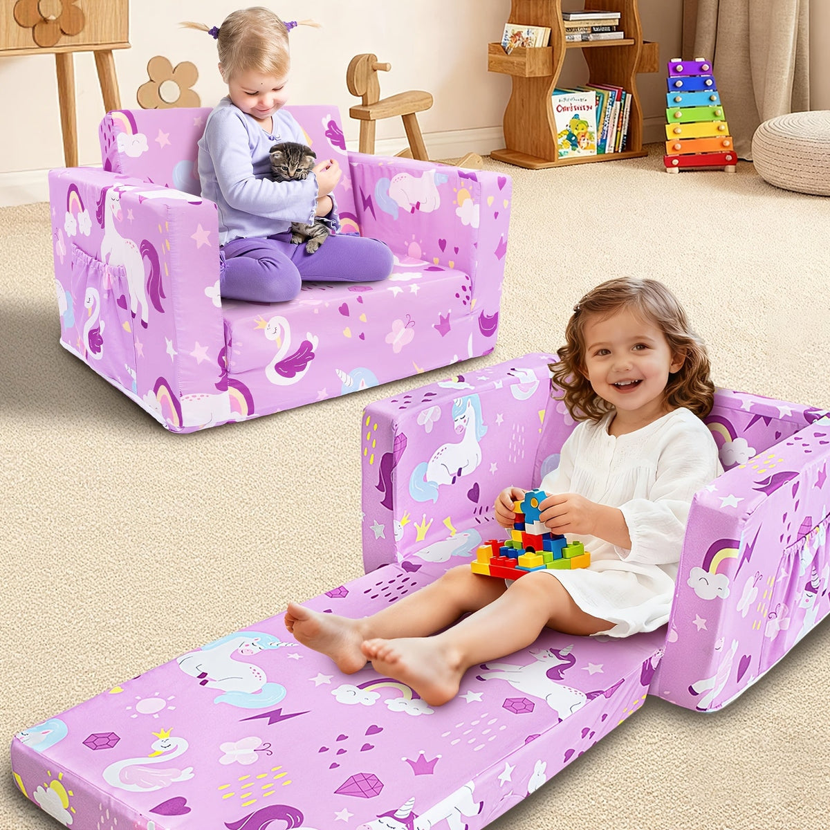 2-in-1 Kids Sofa Fold-Out Convertible Chair – Toddler Couch to Lounger with Washable Cover for Reading Playing Napping Boys Girls