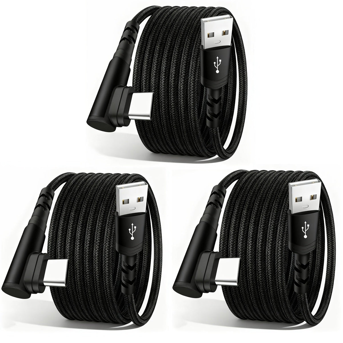 3-Pack Right Angle Braided USB-A to USB-C Fast Charging Cable - 1m, 2m & 3m - iPhone 15/16/17, iPad, Samsung, Huawei & More - Black, Blue, Red, Purple, Rose Gold & Silver