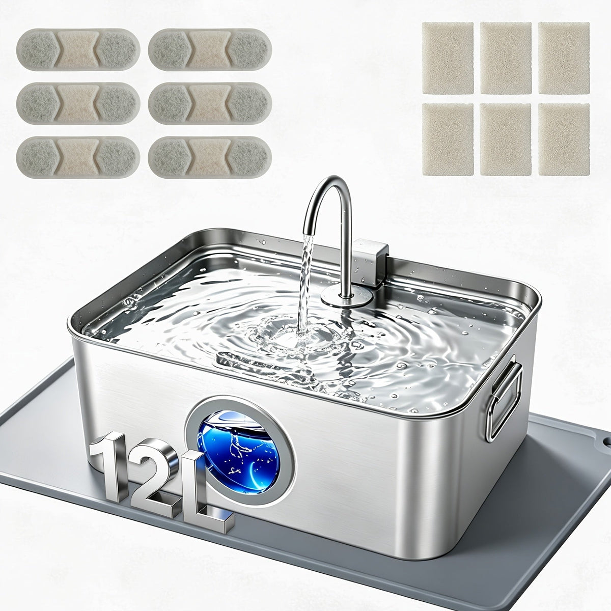 IDEAZOOS Large Dog Water Fountain 12L / 3.17 Gal - 304 Stainless Steel, Ultra Quiet, Water Level Window, Dry Burn Protection, Red/Blue Indicator - Easy to Clean, No Battery - Multi-Pet